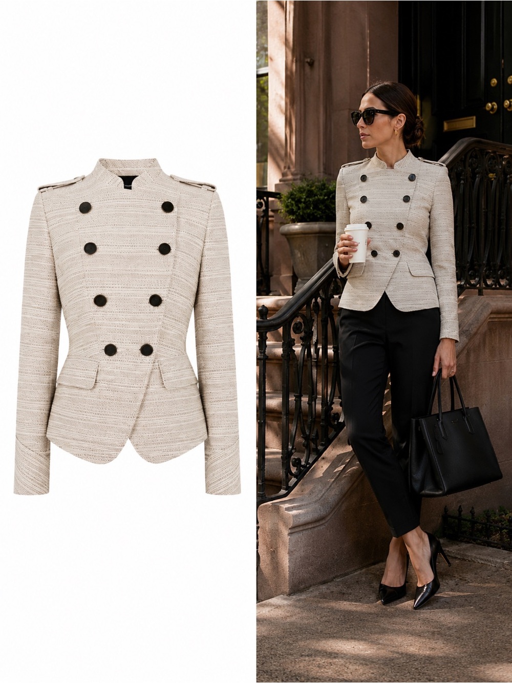 Karen Millen Neutral Tweed Military Tailored Blazer Jacket US 8 Quiet Luxury